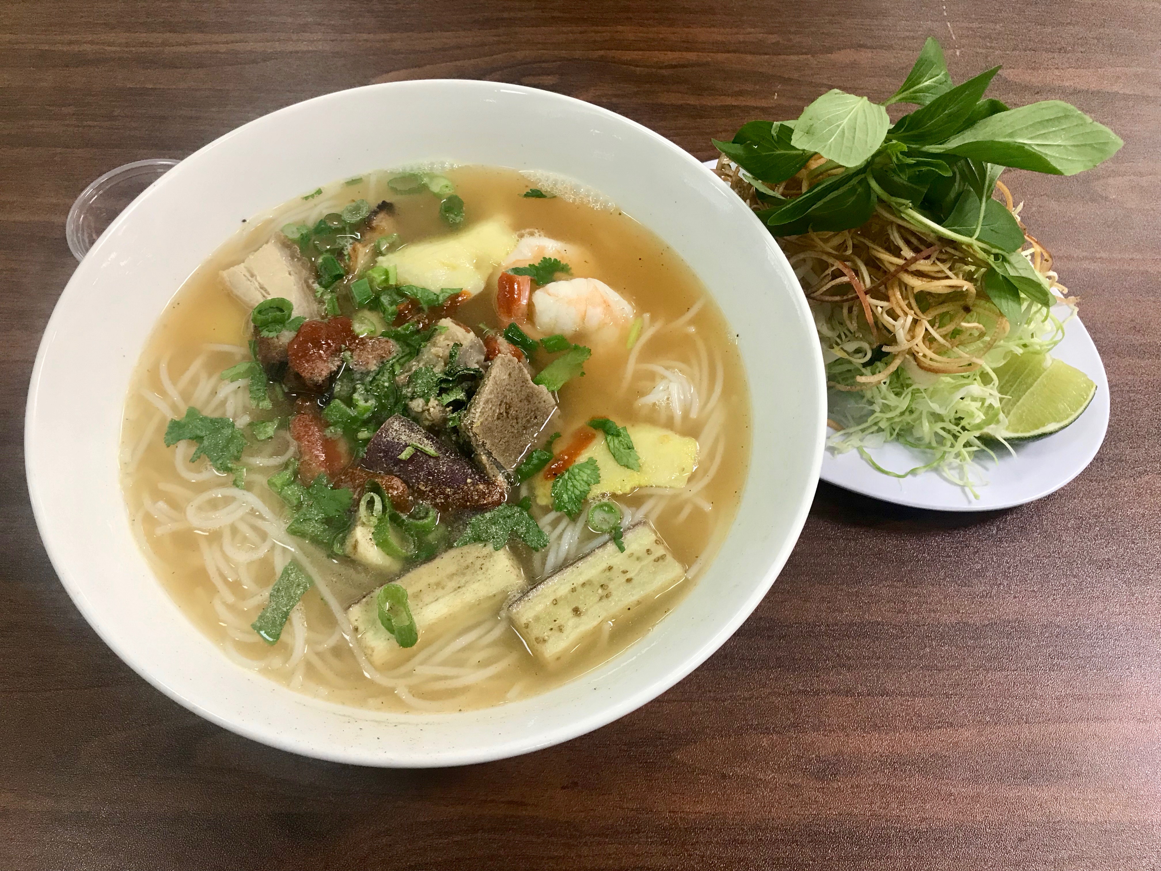 bun mam (noodle soup with catfish, shrimp, pork, and eggplant)