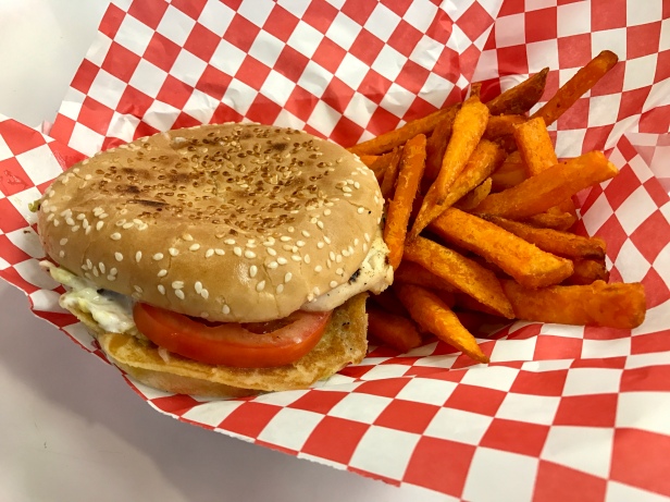 grilled chicken sandwich with sweet potato fries