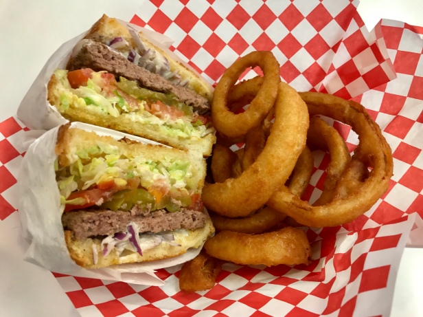 sourdough ranch burger with onion rings